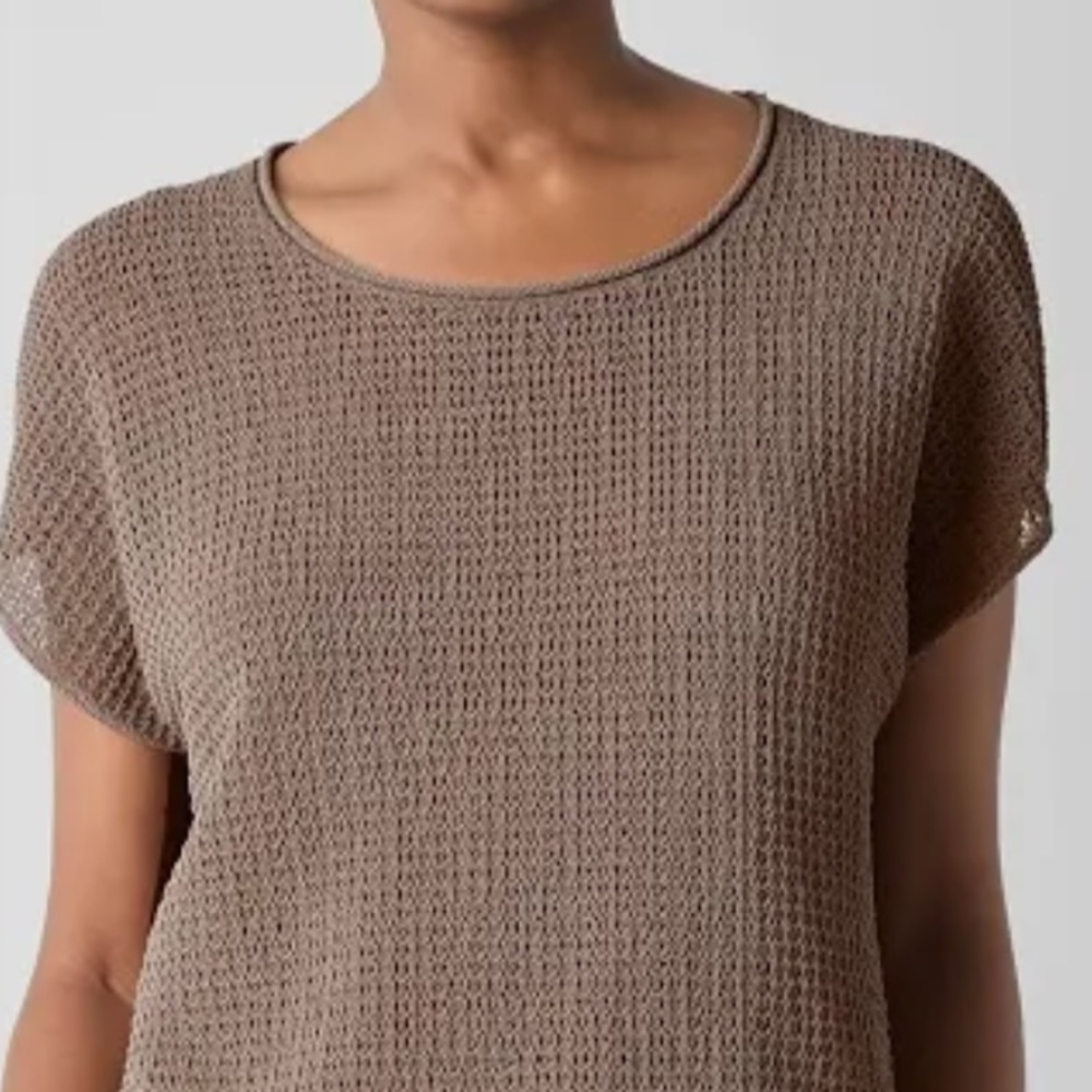 Eileen Fisher Cocoa Crochet Knit Short Sleeve Top Medium NWOT